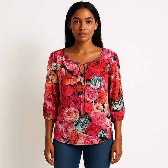 Anthropologie Vanessa Virginia Captured Rose Print Silk Peasant Blouse - Size SM - Picture 1 of 10